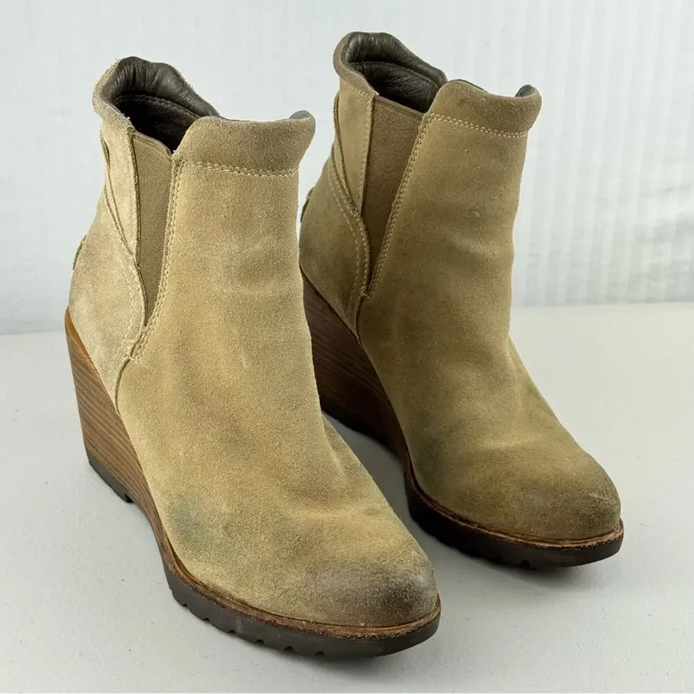 Sorel After Hours Chelsea Boot Tan Suede Wedge Ankle Boots Women’s Size 7 EUR 38